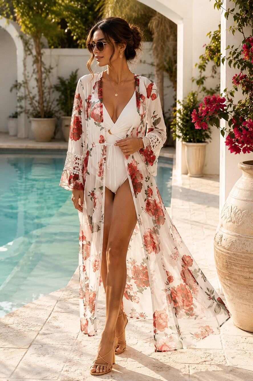 L.I.F.E. Floral Sheer Duster Kimono Cover Up Medium Lace Sleeve Boho